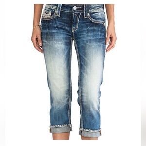 ROCK REVIVAL Amy Capri Jeans Roll Up Cuffs Dark Blue Wash Patchwork Women's 32